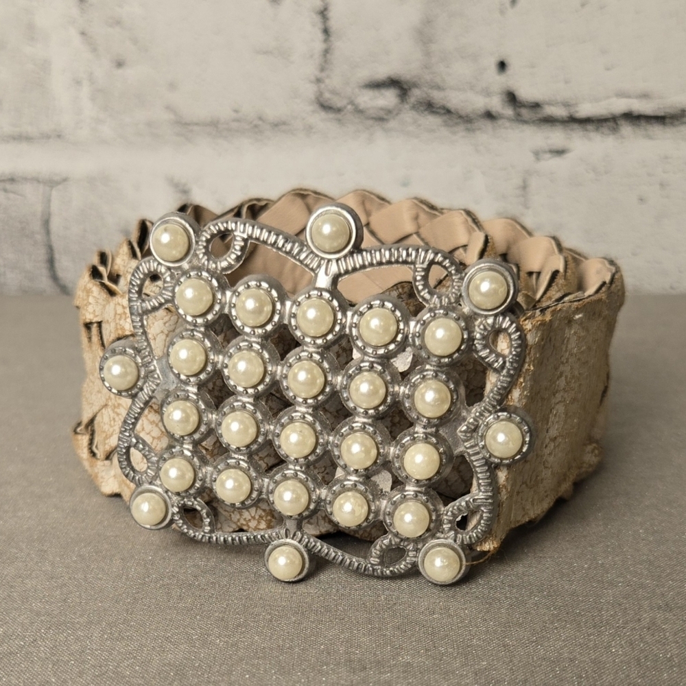 Pearl-Embellished Tan Leather Braided Belt